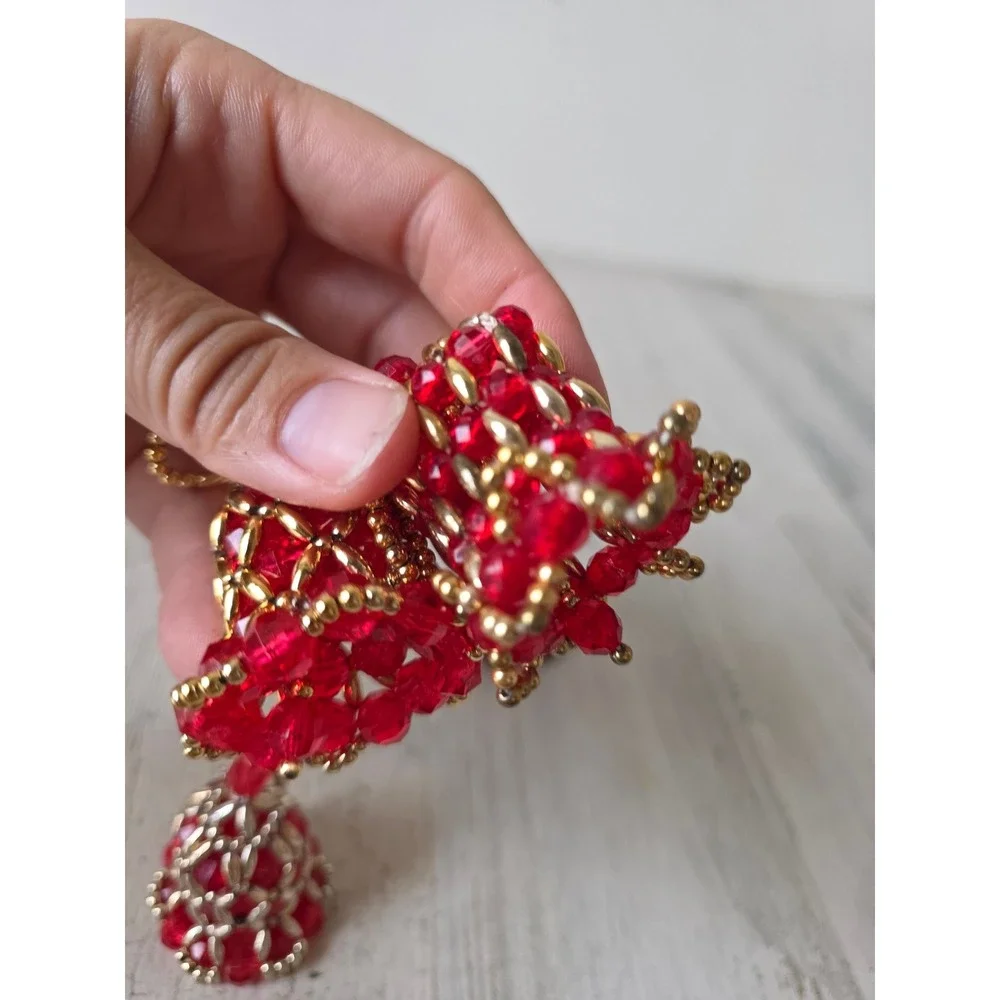 Vintage beaded Bell set ornament red Pearl Xmas gold tree